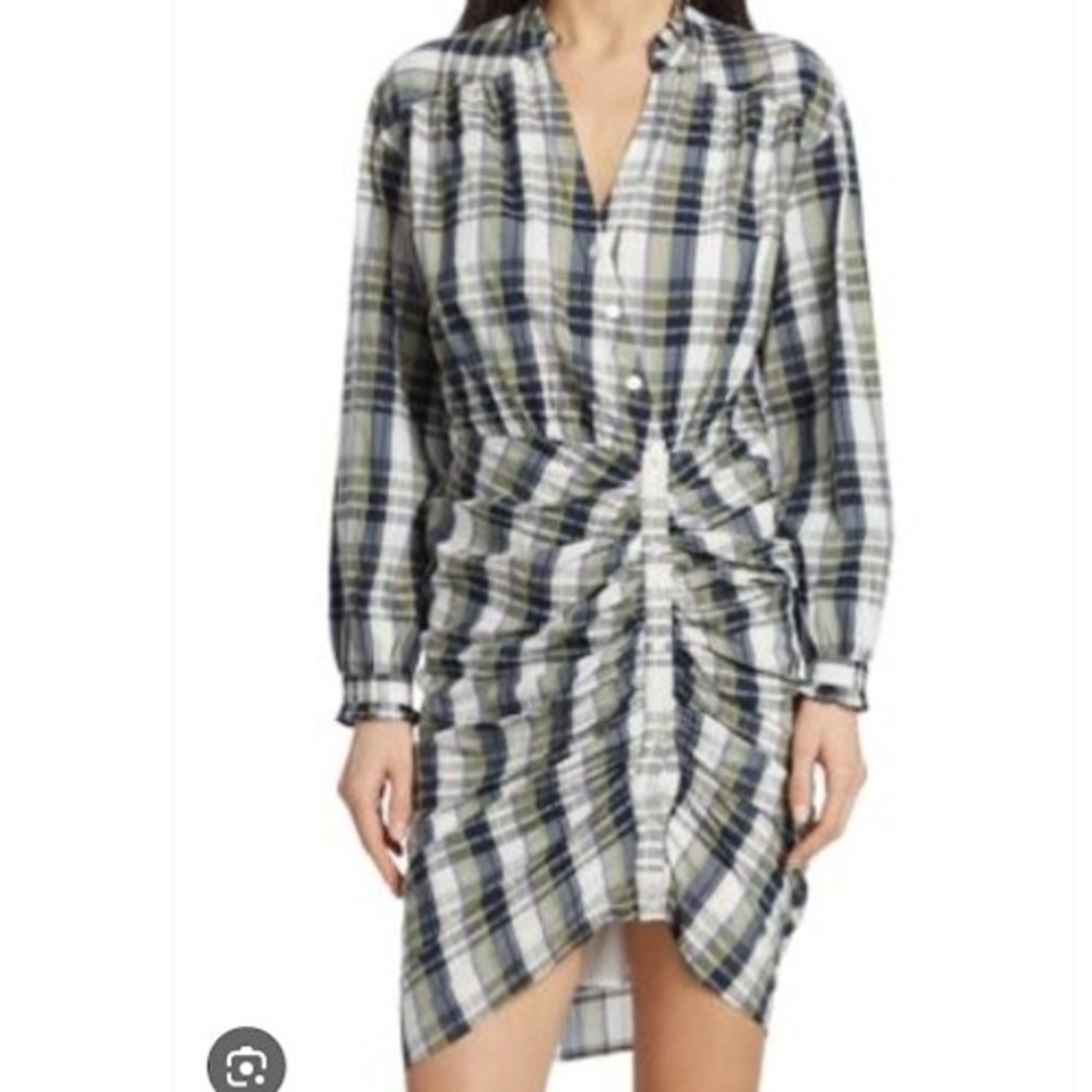 Veronica Beard Vilette Plaid Cotton Blend Shirtdress Long Sleeve Ruched 6